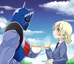  1boy black_necktie blonde_hair blue_eyes blue_sweater braid braided_bun closed_mouth cloud cloudy_sky commentary_request crossover cup darjeeling_(girls_und_panzer) day dress_shirt female girls_und_panzer hair_bun holding kinnikuman light_smile long_sleeves looking_at_another nanamatsu_kenji necktie outdoors robin_mask saucer school_uniform shirt short_hair sky st._gloriana&#039;s_school_uniform steam sweater teacup tied_hair trait_connection upper_body v-neck white_shirt 