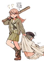  1boy admiral_(kancolle) angry baseball_bat brown_eyes brown_footwear brown_hair commentary_request dragging female kantai_collection kneehighs long_hair long_sleeves military ooi_(kancolle) open_mouth pleated_skirt school_uniform serafuku shigemitsu_jun shoes skirt socks translated 