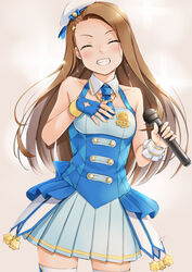  ^_^ beret blue_gloves brown_hair closed_eyes commentary_request cowboy_shot detached_collar female fingerless_gloves gloves grin hairband hand_on_own_chest hat idolmaster idolmaster_(classic) idolmaster_platinum_stars long_hair microphone minase_iori miri_(ago550421) pleated_skirt skirt smile solo thighhighs twinkle_star_(idolmaster) 