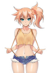  cameltoe collarbone crop_top female hevn highres kasumi_(pokemon) looking_at_viewer midriff navel open_fly orange_hair pokemon pokemon_(anime) short_shorts shorts side_ponytail simple_background smile solo suspenders suspenders_pull tank_top thigh_gap white_background 