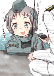  1boy absurdres admiral_(kancolle) alternate_costume arm_warmers black_eyes black_hair commentary_request cosplay cropped_jacket female flying_sweatdrops garrison_cap hair_ornament hat highres holding_hands kantai_collection long_sleeves looking_to_the_side maru-yu_(kancolle) military military_uniform motion_lines open_mouth partially_submerged puffy_sleeves ryuki_(ryukisukune) short_bangs short_hair sweatdrop translation_request trembling u-511_(kancolle) u-511_(kancolle)_(cosplay) uniform 