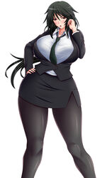  bad_id bad_pixiv_id black_hair black_pantyhose blush breasts brown_eyes cleavage curvy female formal hand_on_own_hip hand_to_head highres infinite_stratos jacket large_breasts long_hair looking_at_viewer miniskirt necktie open_mouth orimura_chifuyu pantyhose pencil_skirt saogokushi simple_background skirt skirt_suit solo suit thick_thighs thighs white_background 