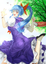  alternate_hairstyle ass bag bird blue_hair bow breasts commentary_request dress female hairbow highres kamishirasawa_keine large_breasts looking_at_viewer looking_back neckerchief open_mouth ototarou ponytail puffy_short_sleeves puffy_sleeves purple_dress red_eyes running shirt short_sleeves smile solo touhou tree watch wristwatch 