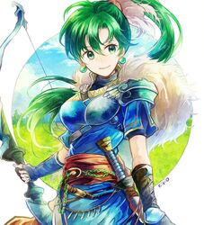  bad_id bad_twitter_id bow_(weapon) earrings female fingerless_gloves fire_emblem fire_emblem:_the_blazing_blade fire_emblem_heroes fur_trim gloves green_eyes green_hair high_ponytail jewelry kro long_hair lyn_(fire_emblem) lyn_(lady_of_the_wind)_(fire_emblem) pelvic_curtain ponytail side_slit solo sword weapon 