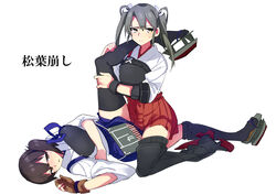  2girls blush brown_eyes brown_hair commentary_request gloves grey_hair highres japanese_clothes kaga_(kancolle) kantai_collection multiple_girls muneate partially_fingerless_gloves short_hair side_ponytail tasuki thighhighs translation_request tribadism twintails yomosaka yugake yuri zuikaku_(kancolle) 