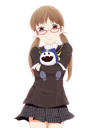  aged_up brown_hair commentary_request doujima_nanako female glasses jack_frost_(megami_tensei) peanuts_(ennuim) persona persona_4 school_uniform skirt solo stuffed_animal stuffed_toy teenage turtleneck twintails 