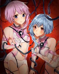  2girls arm_support arm_under_breasts bad_id bad_twitter_id bare_shoulders blue_eyes blue_hair blush breast_hold breasts cable clothing_cutout commentary cowboy_shot elbow_gloves gloves inusaka leaning_forward leotard looking_at_viewer multiple_girls navel navel_cutout neptune_(series) pink_hair power_symbol power_symbol-shaped_pupils red_eyes restrained siblings sidelocks sisters symbol-shaped_pupils torn_clothes torn_leotard twins white_sister_ram white_sister_rom 