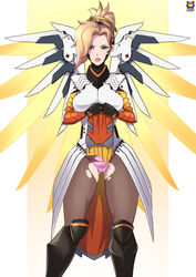  blonde_hair blue_eyes boots commentary english_commentary female headgear high_ponytail highres knee_boots kyoffie lipstick loincloth_lift looking_at_viewer makeup mechanical_wings mercy_(overwatch) overwatch overwatch_1 panties pantyhose photoshop_(medium) pink_panties solo spread_wings torn_clothes torn_pantyhose underwear wings yellow_wings 