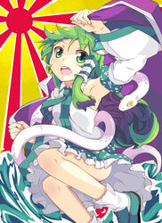  armpits bad_id bad_pixiv_id detached_sleeves female green_eyes green_hair hair_ornament highres kochiya_sanae long_hair open_mouth skirt snake sun takezaka_tarou thighs touhou 