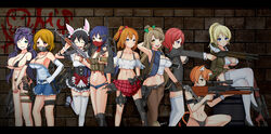  6+girls :| absurdres ak-47 animal_ears apron armband assault_rifle ayase_eli bandolier belt bikini bikini_top_only black_bikini blonde_hair blue_eyes blue_hair boots bow breasts brown_eyes brown_hair bullpup cat_ears cleavage closed_mouth commentary_request crossed_legs denim denim_shorts desert_eagle dog_tags dragunov_svd earrings elbow_gloves fn_f2000 glock gloves green_eyes gun hairbow handgun highres holster hood hooded_jacket hoshizora_rin jacket jewelry kalashnikov_rifle koizumi_hanayo kosaka_honoka large_breasts long_hair love_live! love_live!_school_idol_project maid maid_apron maid_headdress mask midriff minami_kotori minami_kotori_(bird) mouth_mask multiple_girls navel nico_nico_nii nightmore nishikino_maki one-piece_swimsuit one_side_up orange_hair p90 pants purple_eyes purple_hair rabbit_ears red_hair revolver rifle scarf scarf_over_mouth scuba short_hair shorts shotgun single_thighhigh sitting skirt smith_&amp;_wesson sniper_rifle sonoda_umi squatting standing steyr_aug submachine_gun suit_jacket swimsuit tail thigh_strap thighhighs tojo_nozomi torn_clothes twintails uzi v-shaped_eyebrows vest wall walther walther_wa_2000 weapon white_legwear winchester_model_1887 yazawa_nico 