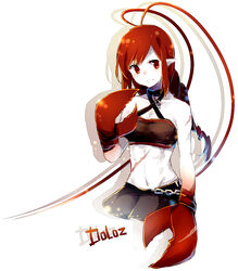  blush breasts character_name cleavage commentary_request doloz_(funamusea) female funamusea lobster_claw lobster_girl mary_(14476764) medium_breasts monster_girl oounabara_to_wadanohara open_mouth personification pointy_ears red_eyes red_hair scar shadow sidelocks simple_background skirt smile solo upper_body white_background 