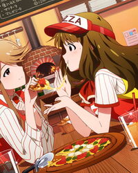  2girls :t artist_request brick_oven brown_eyes brown_hair cheese_trail cup drinking_glass drinking_straw dutch_angle employee_uniform fast_food_uniform feeding food holding holding_food holding_pizza ice ice_cube idolmaster idolmaster_million_live! indoors jpeg_artifacts light_smile long_hair margherita_pizza miyao_miya multiple_girls official_art oven pizza pizza_cutter pizza_delivery pizza_slice profile source_request table tenkubashi_tomoka uniform visor_cap 