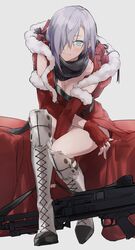  absurdres alternate_costume ashita_kura blue_eyes blue_hair boots breasts christmas cleavage commentary cross-laced_footwear female fingerless_gloves gift girls&#039;_frontline gloves gun h&amp;k_mg5 hair_over_one_eye highres knee_boots knee_pads lace-up_boots machine_gun mg5_(crimson_guardian)_(girls&#039;_frontline) mg5_(girls&#039;_frontline) official_alternate_costume sack santa_costume scarf smile solo weapon 