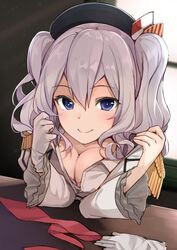  bad_id bad_twitter_id beret blue_eyes breasts cleavage epaulettes female frilled_sleeves frills gloves grey_eyes grey_hair hat kantai_collection kashima_(kancolle) looking_at_viewer max_melon medium_breasts military military_uniform sidelocks single_glove smile solo tsurime twintails uniform wavy_hair white_gloves 