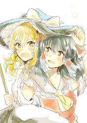  2girls amechoko ascot black_eyes black_hair blonde_hair blush bow broom commentary d: detached_sleeves dress hair_tubes hairbow hakurei_reimu hat kirisame_marisa long_hair medium_hair messy_hair multiple_girls oerba_yun_fang open_mouth shared_hat sweat touhou wavy_hair witch_hat yellow_eyes 