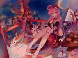  2girls architecture bare_legs bell blue_sky breasts cherry_blossoms chinese_commentary commentary_request dress east_asian_architecture elysia_(herrscher_of_human:_ego)_(honkai_impact) elysia_(honkai_impact) elysia_(peachy_spring)_(honkai_impact) flower food fu_hua fu_hua_(azure_empyrea) grey_hair hair_bell hair_flower hair_ornament highres honkai_(series) honkai_impact_3rd large_breasts legs long_hair looking_at_viewer lucefrantia multiple_girls official_alternate_costume pink_hair purple_eyes rabbit red_dress sitting sky smile table too_many too_many_rabbits very_long_hair white_footwear white_rabbit_(animal) 