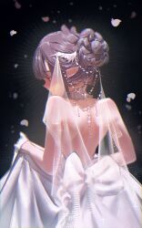  absurdres artist_name back backless_dress backless_outfit bare_shoulders black_background blunt_bangs bow bow_garter_belt braid braided_bun bridal_veil brown_hair choker clothes_lift collar donut_hair_bun dress elf falling_petals female floomf from_behind gloves hair_bun head_wings highres hololive hololive_english jewelry looking_to_the_side necklace ninomae_ina'nis pearl_body_chain pearl_hair_ornament pearl_necklace petals pointy_ears red_eyes rose_petals see-through_clothes see-through_veil signature simple_background skirt skirt_hold skirt_lift solo sparkle upper_body veil wedding_dress white_bow white_dress white_gloves wings 