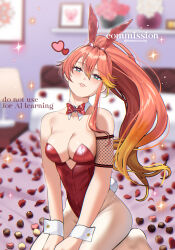  animal_ear_hairband animal_ears bed blonde_hair blue_eyes bow bowtie breasts chocolate cleavage commission covered_navel detached_collar double-parted_bangs eiyuu_densetsu english_commentary english_text fake_animal_ears fake_tail female fishnets floating_hair hair_between_eyes hairband heart heart_in_eye high_ponytail highleg highleg_leotard highres indoors judith_lanster kasa_(flamencoruby) kneeling kuro_no_kiseki_(series) large_breasts leotard long_single_sidelock looking_at_viewer multicolored_hair parted_lips petals pink_hair playboy_bunny ponytail rabbit_ear_hairband rabbit_ears rabbit_tail red_bow red_bowtie red_leotard rose_petals single_fishnet_armwear single_sidelock smile solo sparkle_background strapless strapless_leotard streaked_hair symbol_in_eye tail traditional_bowtie twitter_username two-tone_hair upper_body valentine watermark white_wrist_cuffs wrist_cuffs 