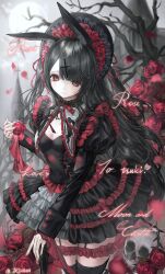  absurdres animal_ear_fluff animal_ears artist_name black_bonnet black_dress black_hair black_thighhighs bonnet breasts commentary commission commissioner_name cowboy_shot cross_hair_ornament detached_collar dress english_commentary female fingernails flower frilled_bonnet frilled_shirt_collar frilled_thigh_strap frills gothic_lolita hair_ornament hand_up highres holding holding_flower juliet_sleeves lolita_fashion long_hair long_sleeves looking_at_viewer loose_hair_strand mole mole_under_eye moon original parted_bangs petals puffy_sleeves puritan_collar rabbit_ears rabbit_girl red_bonnet red_eyes red_flower red_ribbon red_rose ribbon rose rose_petals skull small_breasts smile solo thigh_strap thighhighs thorns trivana two-tone_bonnet x_hair_ornament 