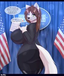  2022 absurd_res anthro anthro_only big_breasts breasts brown_hair butt_pose canid canine canis clothing curvaceous curvy_figure dialogue edith_vaughn female fur furry green_eyes hair hi_res huge_breasts legwear looking_at_viewer mammal mature_anthro mature_female politics pose president rayka solo speech_bubble stars_and_stripes stockings topwear united_states_of_america voluptuous white_body white_fur white_house wide_hips wolf 