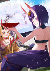  2girls absurdres bare_shoulders blonde_hair blue_sky breasts cherry_blossoms commentary_request cup eyeliner facial_mark fate/grand_order fate_(series) forehead forehead_mark grin hair_pulled_back headpiece highres horns ibaraki_douji_(fate) japanese_clothes kimono long_hair long_sleeves looking_at_viewer looking_back makeup multiple_girls off_shoulder oni open_mouth petite purple_eyes purple_hair purple_kimono sakazuki sash short_hair shuten_douji_(fate) skin-covered_horns sky small_breasts smile tattoo terasako tree wide_sleeves yellow_eyes yellow_kimono 