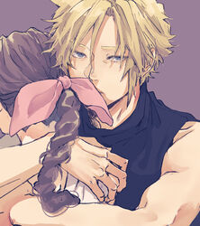  1boy aerith_gainsborough arms_around_back bare_shoulders blonde_hair blue_eyes blue_shirt braid braided_ponytail brown_hair cloud_strife couple demi_co dress female final_fantasy final_fantasy_vii final_fantasy_vii_remake hair_between_eyes hair_ribbon highres long_hair looking_at_viewer pink_dress pink_ribbon purple_background ribbon shirt short_hair single_braid sleeveless sleeveless_turtleneck spiked_hair straight turtleneck upper_body 