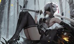  2b_(nier:automata) animal_on_weapon armpits bird bird_on_weapon black_blindfold black_dress black_footwear black_thighhighs blindfold breasts dress female forest fox_mask gloves grey_hair highres holding holding_sword holding_weapon katana lips mask mask_on_head nature neo_(neorarty3) nier:automata nier_(series) sleeveless sleeveless_dress snow snowing solo sword tassel thighhighs thighs tree weapon white_gloves 