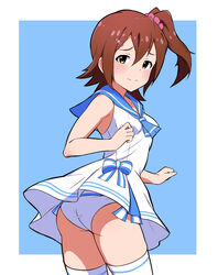  absurdres ass blue_background blue_neckerchief blue_sailor_collar breasts brown_hair closed_mouth commentary_request commission dress embarrassed female furrowed_brow hair_between_eyes hair_ornament hairclip highres idolmaster idolmaster_million_live! kasuga_mirai light_blush light_frown looking_at_viewer looking_back neckerchief nejime_(nejimeinu) official_alternate_costume one-piece_swimsuit outside_border pink_scrunchie sailor_collar sailor_one-piece_swimsuit sailor_swimsuit_(idolmaster) scrunchie side_ponytail sidelocks skeb_commission sleeveless small_breasts solo sweat swimsuit thighhighs thighs white_dress yellow_eyes 