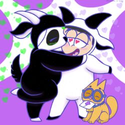  1:1 ambiguous_gender anthro bear bell bell_collar black_body black_fur black_hair black_nose black_tail blue_eyewear blue_glasses blush bovid caprine closed_eyes clothed clothing collar digital_media_(artwork) domestic_cat esp_kitty_(mr._osomatsu) eyebrows eyewear fake_horns fake_tail felid feline felis female feral fur giant_panda glasses goat group hair happy heart_symbol horn human ichimatsu_matsuno interspecies kigurumi kissing kissing_cheek letter lunarpanda8686 male male/female mammal markings mika_(lunarpanda8686) mr._osomatsu onesie open_mouth orange_body orange_fur red_nose simple_background tail teeth trio whiskers white_body white_fur white_hair 