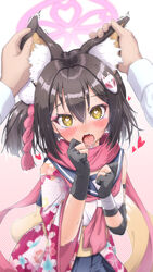  1other absurdres animal_ear_fluff animal_ears black_gloves black_hair black_sailor_collar black_skirt blue_archive blush eyeshadow female fox_ears fox_tail gloves hair_between_eyes halo heart heart-shaped_pupils highres izuna_(blue_archive) makeup neckerchief one_side_up open_mouth partially_fingerless_gloves pink_eyeshadow pink_halo pink_neckerchief pink_scarf pleated_skirt sailor_collar scarf short_hair skirt solo_focus symbol-shaped_pupils tail tears tomonx tongue tongue_out yellow_eyes 