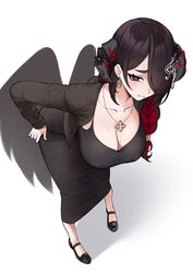  bent_over black_dress black_footwear black_hair black_horns black_jacket black_wings breasts bright_pupils cleavage colored_inner_hair commentary covered_nipples demon_girl demon_horns dongtan_dress dress earrings feathered_wings female hair_ornament hair_over_one_eye hands_on_own_hips hololive hololive_english horns jacket jewelry large_breasts long_dress long_hair long_sleeves looking_at_viewer low_wings mamarissa mature_female meme_attire mole mole_under_eye multicolored_hair musical_note musical_note_hair_ornament nago_purin necklace nervous_smile one_eye_covered open_clothes open_jacket pencil_dress red_eyes red_hair shoes smile standing sweat taut_clothes taut_dress treble_clef two-tone_hair virtual_youtuber white_pupils wings 