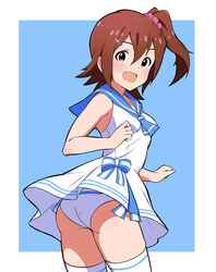  absurdres ass blue_background blue_neckerchief blue_sailor_collar breasts brown_hair commentary_request commission dress female hair_between_eyes hair_ornament hairclip highres idolmaster idolmaster_million_live! kasuga_mirai light_blush looking_at_viewer looking_back neckerchief nejime_(nejimeinu) official_alternate_costume one-piece_swimsuit open_mouth outside_border pink_scrunchie sailor_collar sailor_one-piece_swimsuit sailor_swimsuit_(idolmaster) scrunchie side_ponytail sidelocks skeb_commission sleeveless small_breasts smile solo swimsuit thighhighs thighs white_dress yellow_eyes 