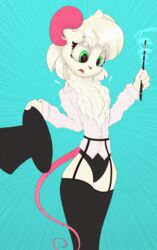  absurd_res anthro breasts clothed clothing costume female fluffy fur heavenless hi_res male_(lore) open_mouth reggie_(whygena) shocked simple_background solo tail topwear trick white_body white_fur 