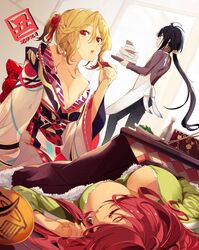  1boy 2021 2girls alcohol apron bare_shoulders blonde_hair breasts chopsticks cleavage closed_eyes ferdows_(kokubyaku_no_avesta) g_yuusuke hair_between_eyes hair_ornament holding japanese_clothes kimono kokubyaku_no_avesta long_hair multiple_girls official_art pants ponytail purple_hair quinn_(kokubyaku_no_avesta) red_eyes red_hair sake samrukh_(kokubyaku_no_avesta) second-party_source shinza_bansho_series 