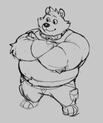  2024 alternate_species anthro bear belly big_belly bottomwear breeze_in_the_clouds clothing frost_(breeze_in_the_clouds) male mammal monochrome overweight overweight_male pants shirt simple_background solo topwear unknown_artist 