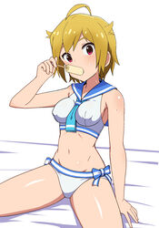  ahoge armpits bikini blonde_hair blue_bow blue_sailor_collar blush bow breasts covered_nipples cowboy_shot dot_nose eating eyelashes female food groin hair_between_eyes hair_flaps highres holding holding_food holding_ice_cream ibuki_tsubasa ice_cream ice_cream_bar idolmaster idolmaster_million_live! idolmaster_million_live!_theater_days legs_apart looking_at_viewer medium_breasts navel nejime_(nejimeinu) popsicle red_eyes sailor_bikini sailor_collar sailor_swimsuit_(idolmaster) short_hair sidelocks simple_background sitting solo sweat swimsuit thighs white_background white_bikini 