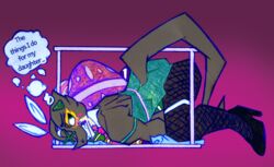  absurd_res anthro ass bent_over big_butt blush blush_lines cage clothing crocodile_skink ctrl-atl-replace7888 deco_27_(producer) easter easter_egg embarrassed female fishnet_clothing fishnet_legwear footwear hatsune_miku hi_res high_heels holidays legwear lizard millie_moders mother_(lore) parent_(lore) playboy_bunny rabbit_ears rabbit_hole_(deco_27) red-eyed_crocodile_skink reptile scalie skink solo speech_bubble vocaloid 