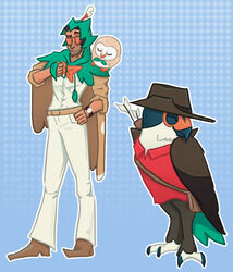  2_toes alternate_costume ambiguous_gender arrow_(weapon) avian beak belt belt_pouch bird blue_background bottomwear carrying_another claws cloak clock closed_eyes clothing clothing_swap cosplay decidueye eyewear feathers feet feral folded_wings footwear generation_7_pokemon glasses green_tail_feathers group hat headgear headwear hood hooded_cloak human looking_at_clothing looking_at_object male mammal nintendo on_shoulder orange_face owl pants pokemon pokemon_(species) quiver_(object) ranged_weapon rowlet shirt shoes simple_background sniper_(team_fortress_2) standing tail tail_feathers team_fortress_2 toe_claws toes topwear trio valve watch weapon wings wristwatch yappershy 