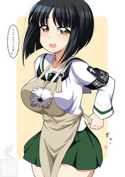  apron araippe armband artist_logo black_hair black_neckerchief blouse blunt_bangs blunt_ends bob_cut breasts brown_apron brown_eyes commentary cowboy_shot female girls_und_panzer gotou_moyoko green_skirt heart highres ichijou_takakiyo long_sleeves looking_at_viewer mascot miniskirt neckerchief ooarai_school_uniform open_mouth pleated_skirt sailor_collar school_uniform serafuku shirt short_hair skirt smile solo standing translated tying_apron white_sailor_collar white_shirt yellow_background 