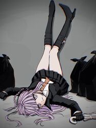  absurdres black_footwear black_jacket black_skirt boots braid brown_necktie danganronpa:_trigger_happy_havoc danganronpa_(series) female highres holding holding_umbrella jacket kirigiri_kyoko knee_boots legs_up long_hair miniskirt necktie open_clothes open_jacket pink_hair pleated_skirt raamensusure shirt side_braid single_braid skirt solo trash_bag umbrella white_shirt 