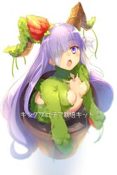  bandage_over_one_eye bandaged_head bandages blush breasts center_opening echo_(circa) fate/extra fate/extra_ccc fate/extra_ccc_fox_tail fate/grand_order fate_(series) female flower flower_pot hair_flower hair_ornament horns kingprotea_(fate) kingprotea_(second_ascension)_(fate) long_hair looking_at_viewer mini_person minigirl moss open_mouth purple_eyes purple_hair small_breasts soil solo translation_request very_long_hair 