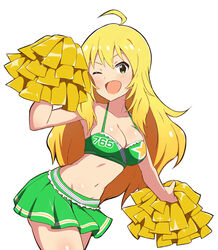  :d absurdres ahoge bare_shoulders blonde_hair blush breasts cheerleader cleavage collarbone cowboy_shot dot_nose female fluffy_hair green_eyes green_skirt green_tank_top highres holding holding_pom_poms hoshii_miki idolmaster large_breasts long_hair looking_at_viewer miniskirt navel nejime_(nejimeinu) one_eye_closed open_mouth pom_pom_(cheerleading) simple_background skirt smile solo tank_top thighs very_long_hair wavy_hair white_background 