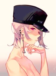  bare_shoulders black_hat breasts chainsaw_man closed_mouth earrings fami_(chainsaw_man) female hand_on_own_chin hat highres jewelry looking_at_viewer looking_down medium_hair nude pink_eyes pink_hair reinene tassel tassel_earrings topless 