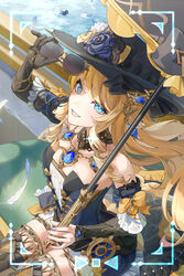  absurdres bibi_(obb_spl) black_gloves black_hat blonde_hair blue_eyes blue_flower blue_gemstone blue_rose clenched_teeth detached_sleeves dress drill_hair drill_sidelocks earrings elbow_gloves feathers female flower from_above gem genshin_impact gloves hat hat_flower highres holding holding_removed_eyewear holding_umbrella inset_border jewelry lace-trimmed_collar lace_trim leisurely_otter_(genshin_impact) long_hair looking_at_viewer navia_(genshin_impact) open_mouth rose ship&#039;s_wheel_ornament sidelocks single_glove sitting smile solo strapless strapless_dress sunglasses teeth thighhighs umbrella unworn_eyewear yellow_flower yellow_rose 