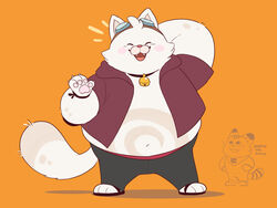  2024 4:3 alternate_species anthro bottomwear breeze_(breeze_in_the_clouds) breeze_in_the_clouds closed_eyes clothing cori_(breeze_in_the_clouds) domestic_cat duo felid feline felis male mammal open_mouth orange_background overweight overweight_male pants simple_background size_difference smile unknown_artist 