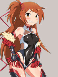  armor armpits ass_visible_through_thighs bare_shoulders black_armor black_leotard black_thighhighs blush body_blush breasts brown_eyes commentary_request contrapposto cosplay covered_navel covered_nipples cowboy_shot dot_nose female fingerless_gloves fishnets frilled_leotard frills from_side fur_trim gloves grey_background hair_ribbon halterneck hands_on_own_thighs highleg highleg_leotard highres hip_vent idolmaster idolmaster_million_live! idolmaster_million_live!_theater_days leotard light_smile long_hair looking_at_viewer mizuki_yukikaze mizuki_yukikaze_(cosplay) nejime_(nejimeinu) ogami_tamaki one_side_up orange_hair parted_bangs parted_lips red_ribbon ribbon shiny_clothes shiny_skin sidelocks simple_background skin_tight sleeveless small_breasts solo standing swept_bangs taimanin_(series) taimanin_suit taimanin_yukikaze teeth thighhighs thighs turtleneck vambraces very_long_hair 