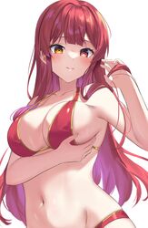  absurdres bikini blush breasts cleavage female hand_on_own_chest heterochromia highres hololive houshou_marine houshou_marine_(summer) large_breasts long_hair looking_at_viewer navel official_alternate_costume pendora1022 red_bikini red_eyes red_hair solo swimsuit virtual_youtuber white_background yellow_eyes 