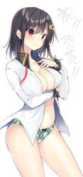  arm_under_breasts black_hair blue_bow blue_ribbon blush bow bow_panties breasts cleavage collarbone diagonal-striped_panties female frilled_shirt frills furrowed_brow hair_between_eyes hair_ornament hair_ribbon hair_tie hairbow highres kakao_(chocolate_land) large_breasts looking_at_viewer medium_hair multicolored_clothes multicolored_panties navel neck_ribbon omoi_o_sasageru_otome_no_melody_~afureru_omoi_o_shirabe_ni_nosete~ open_clothes open_shirt panties raised_eyebrows red_eyes red_ribbon ribbon shirt simple_background smile solo sonoya_chika standing star_(symbol) star_hair_ornament thighs translation_request underwear untied_ribbon white_background white_shirt 