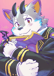  1boy animal_ears bat_wings belphegor_(housamo) black_jacket blush book daihukudokoro demon_horns dog_boy dog_ears furry furry_male gold_trim gradient_background highres holding holding_book horns jacket light_smile looking_at_viewer male_focus pink_background signature solo thick_eyebrows tokyo_afterschool_summoners upper_body wings 