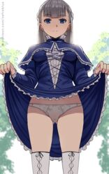  ass_visible_through_thighs blue_dress blue_eyes breasts closed_mouth clothes_lift commentary dress dress_lift female grey_hair highres lawine_(sousou_no_frieren) lifting_own_clothes looking_at_viewer medium_breasts panties patreon_username simple_background solo sousou_no_frieren standing thighhighs thighs underwear white_background white_panties white_thighhighs zefrableu 